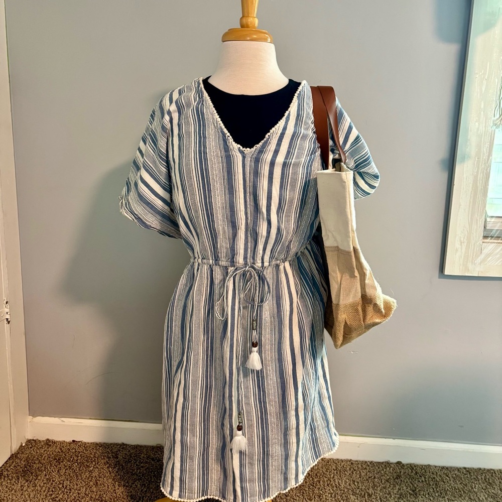 Blue and White Strip Cover-Up with Tassels